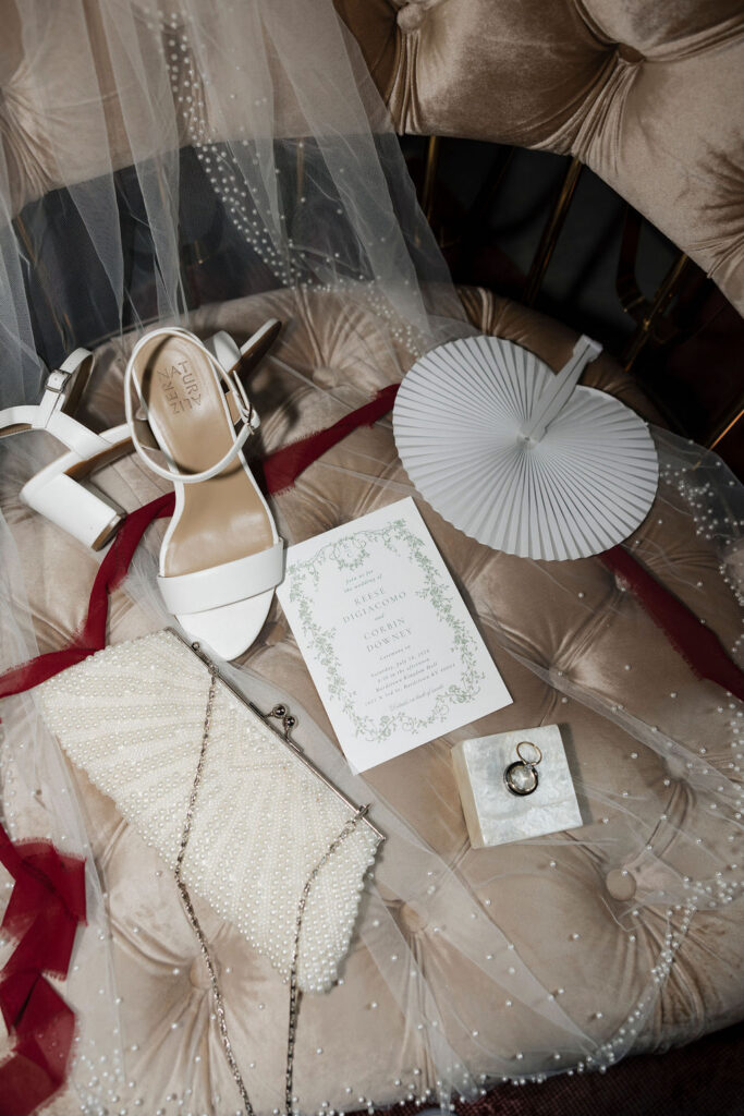 An editorial style wedding detail flatlay taken by an editorial wedding photographer. 
