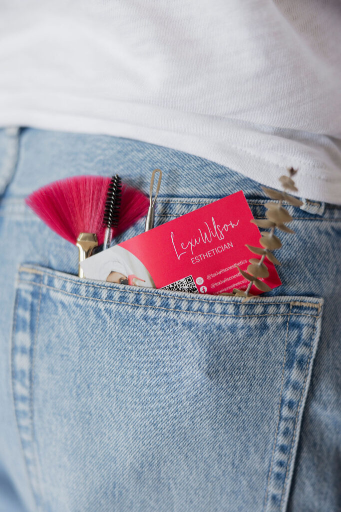 Louisville branding photographer | a business card with facial tools sticking out of the estheticians back pocket.
