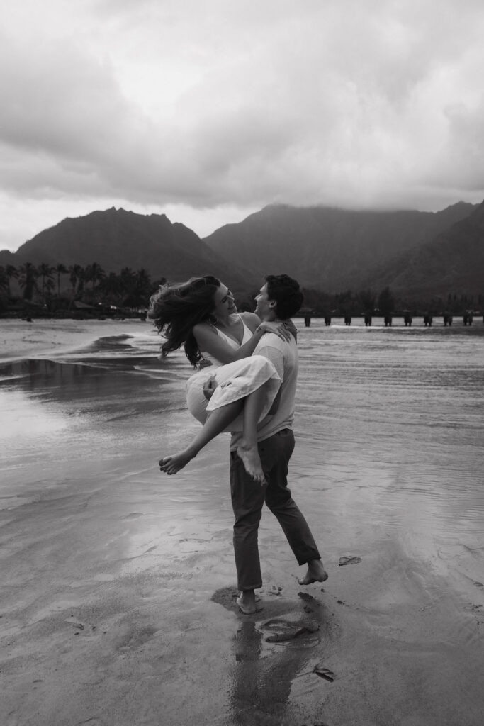 Hawaii destination engagement photography at scenic Hanalei Bay