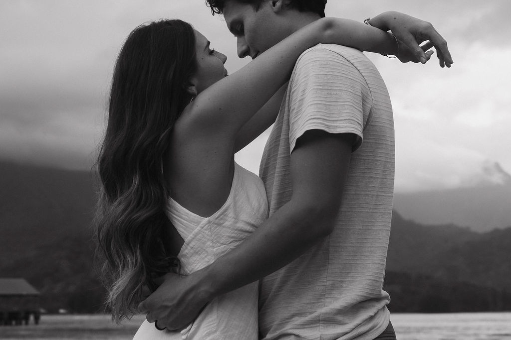Close-up portrait of an engaged couple on Hanalei Beach